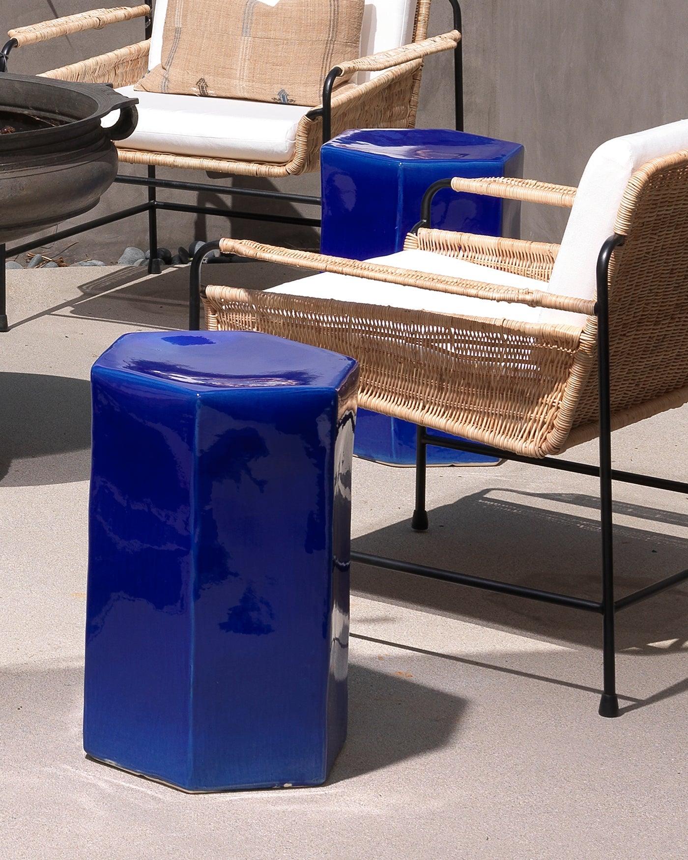 Porto Small Dark Blue Ceramic Mid Century Modern Side Table Side Tables Sideboards and Things By Jamie Young