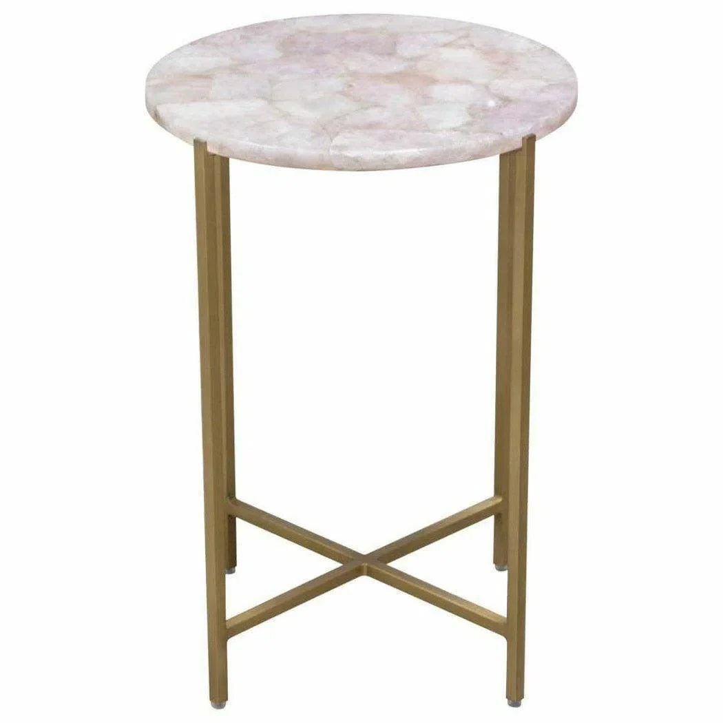 Round Accent Table Rose Quartz Top Brass Base Side Tables LOOMLAN By Diamond Sofa