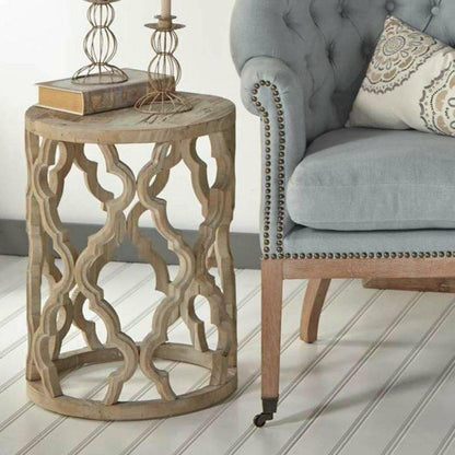 Round Carved Wood Clover End Table Smoke Gray Elm Side Tables Sideboards and Things By Essentials For Living