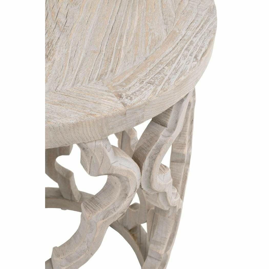 Round Carved Wood Clover End Table Smoke Gray Elm Side Tables Sideboards and Things By Essentials For Living