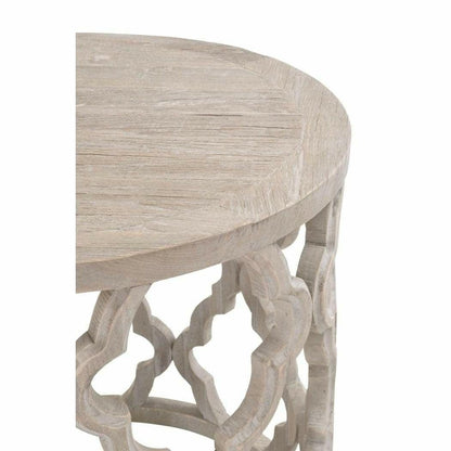 Round Carved Wood Clover End Table Smoke Gray Elm Side Tables Sideboards and Things By Essentials For Living