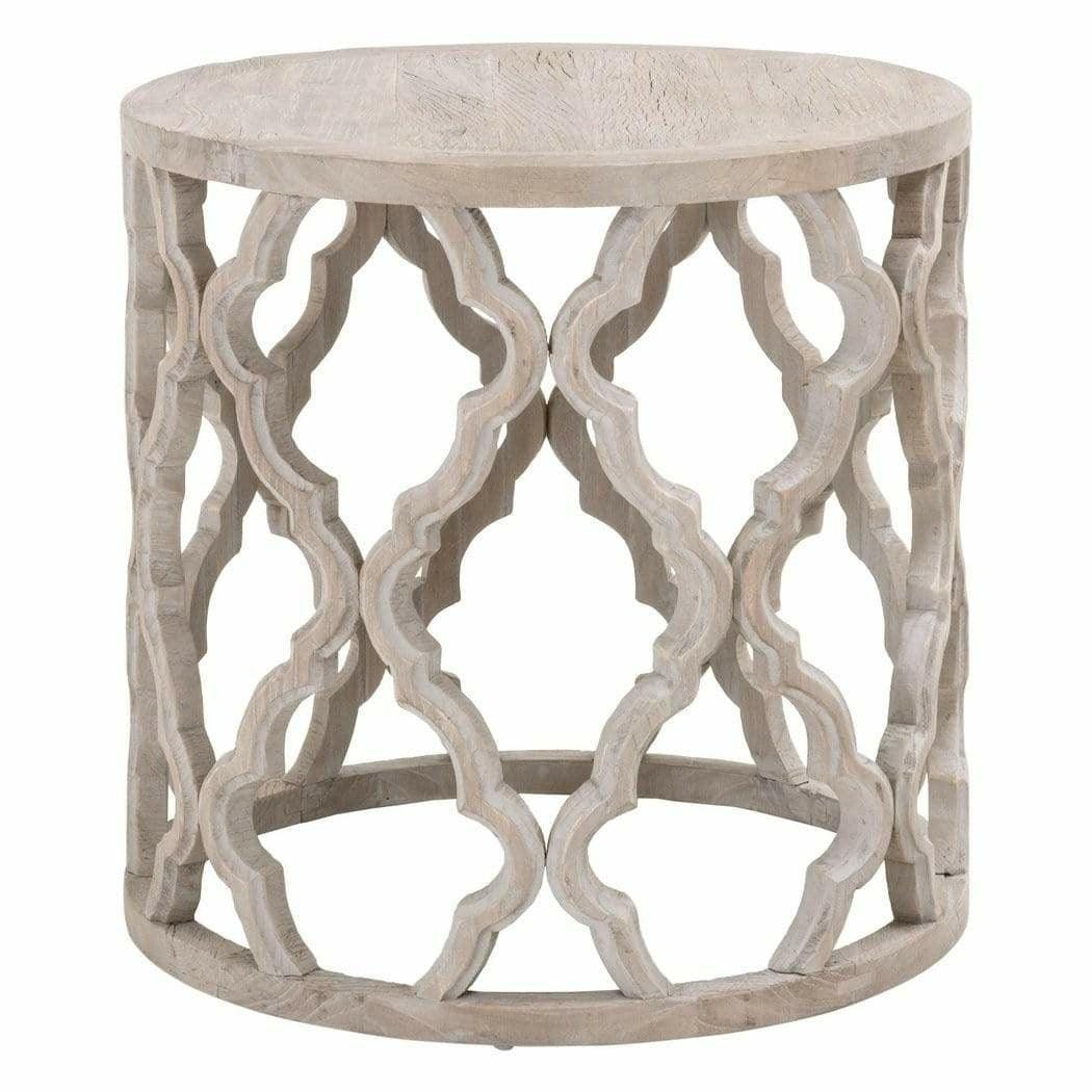 Round Carved Wood Clover Large End Table Smoke Gray Elm Side Tables Sideboards and Things By Essentials For Living