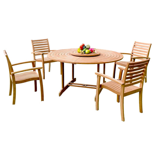 Royal 5-Piece Round Teak Outdoor Dining Set with Lazy Susan and Stacking Armchairs-Outdoor Dining Sets-HiTeak-Sideboards and Things