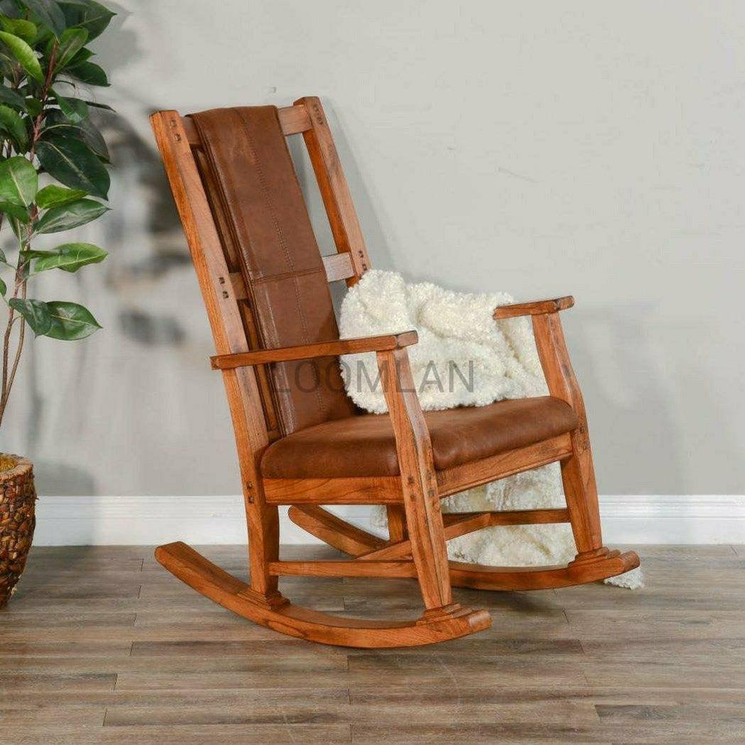 Rustic Oak Tan Vegan Leather Upholstered Solid Wood Rocker Chair Club Chairs Sideboards and Things By Sunny D