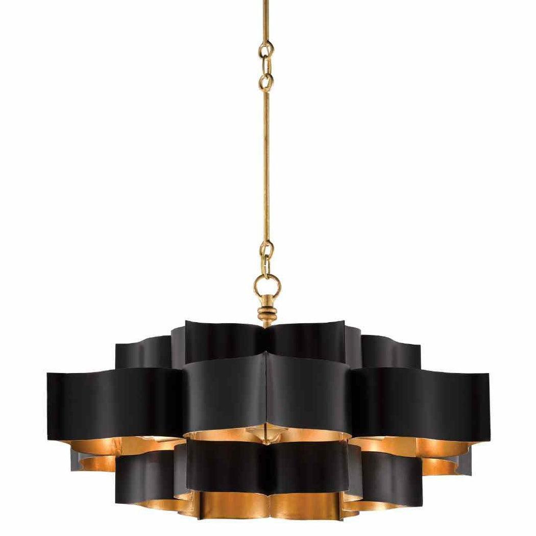 Satin Black Gold Leaf Grand Lotus Black Large Chandelier Chandeliers Sideboards and Things By Currey & Co