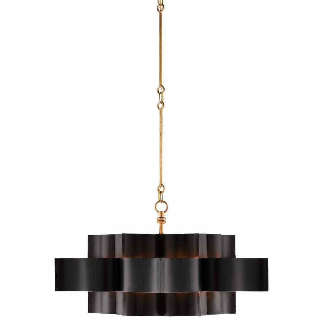 Satin Black Gold Leaf Grand Lotus Black Large Chandelier Chandeliers Sideboards and Things By Currey & Co