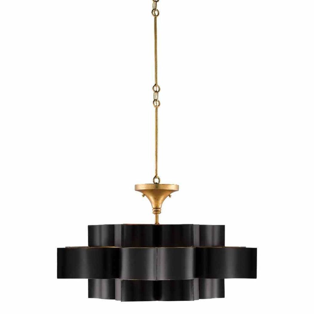 Satin Black Gold Leaf Grand Lotus Black Large Chandelier Chandeliers Sideboards and Things By Currey & Co