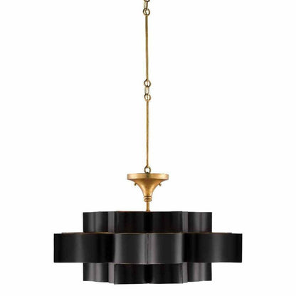 Satin Black Gold Leaf Grand Lotus Black Large Chandelier Chandeliers Sideboards and Things By Currey & Co