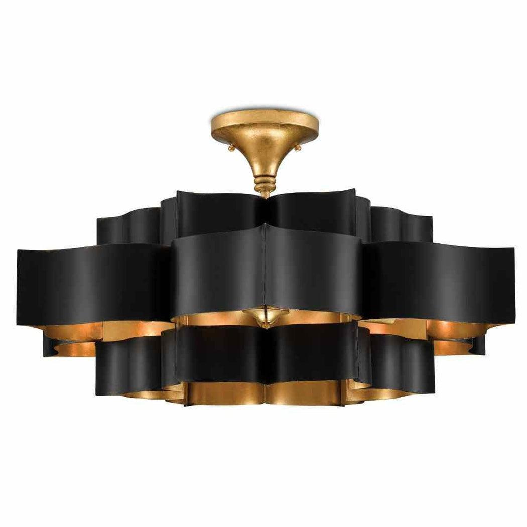 Satin Black Gold Leaf Grand Lotus Black Large Chandelier Chandeliers Sideboards and Things By Currey & Co