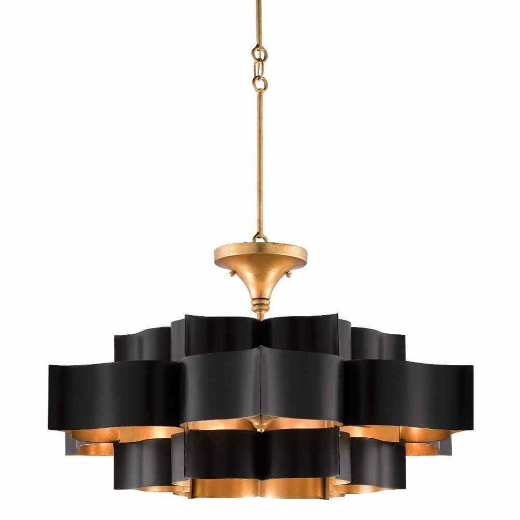 Satin Black Gold Leaf Grand Lotus Black Large Chandelier Chandeliers Sideboards and Things By Currey & Co