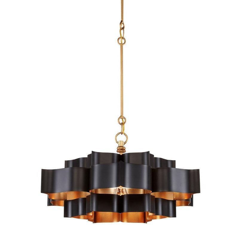 Satin Black Gold Leaf Grand Lotus Black Small Chandelier Chandeliers Sideboards and Things By Currey & Co