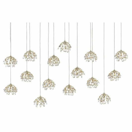 Silver Leaf Crystal Bud Rectangular 15-Light Multi-Drop Pendant Pendants Sideboards and Things By Currey & Co