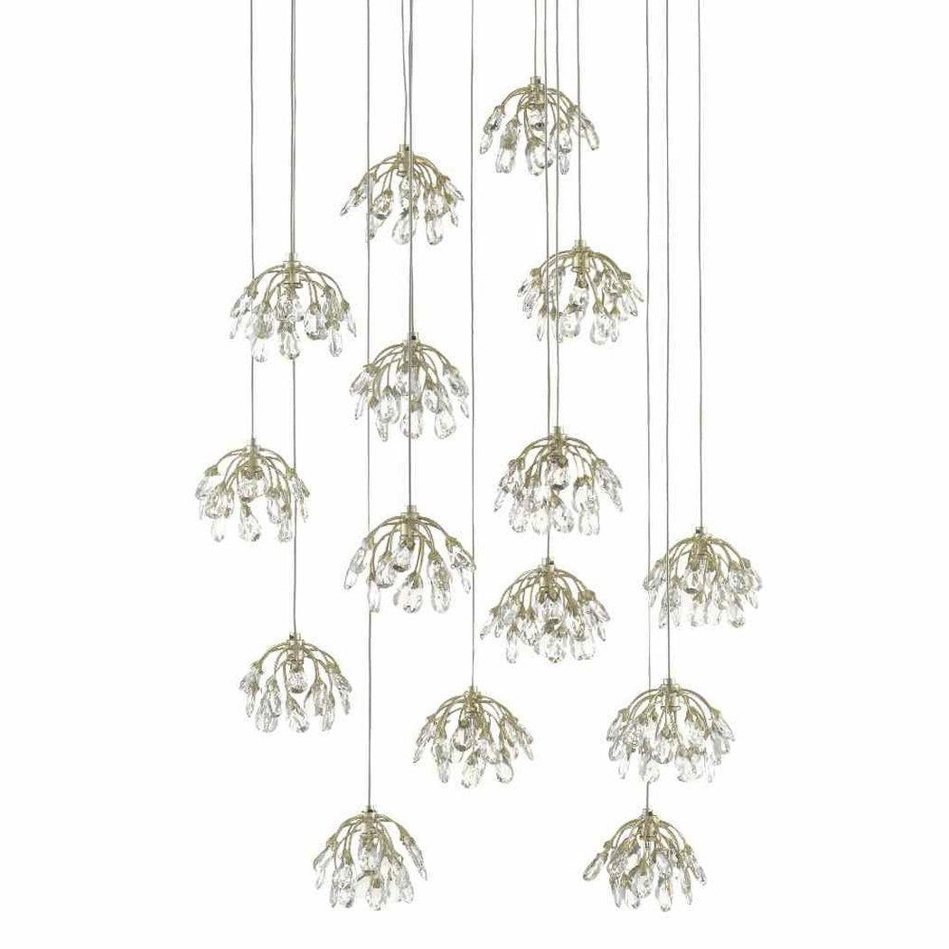 Silver Leaf Crystal Bud Round 15-Light Multi-Drop Pendant Pendants Sideboards and Things By Currey & Co