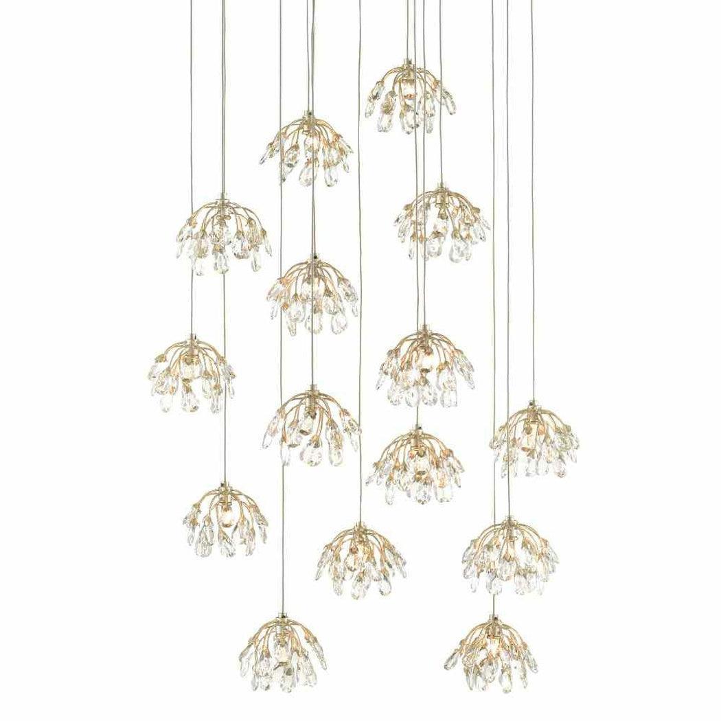 Silver Leaf Crystal Bud Round 15-Light Multi-Drop Pendant Pendants Sideboards and Things By Currey & Co