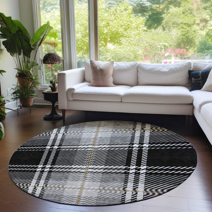 Spiral Whispers Black Washable Indoor-Outdoor Rug