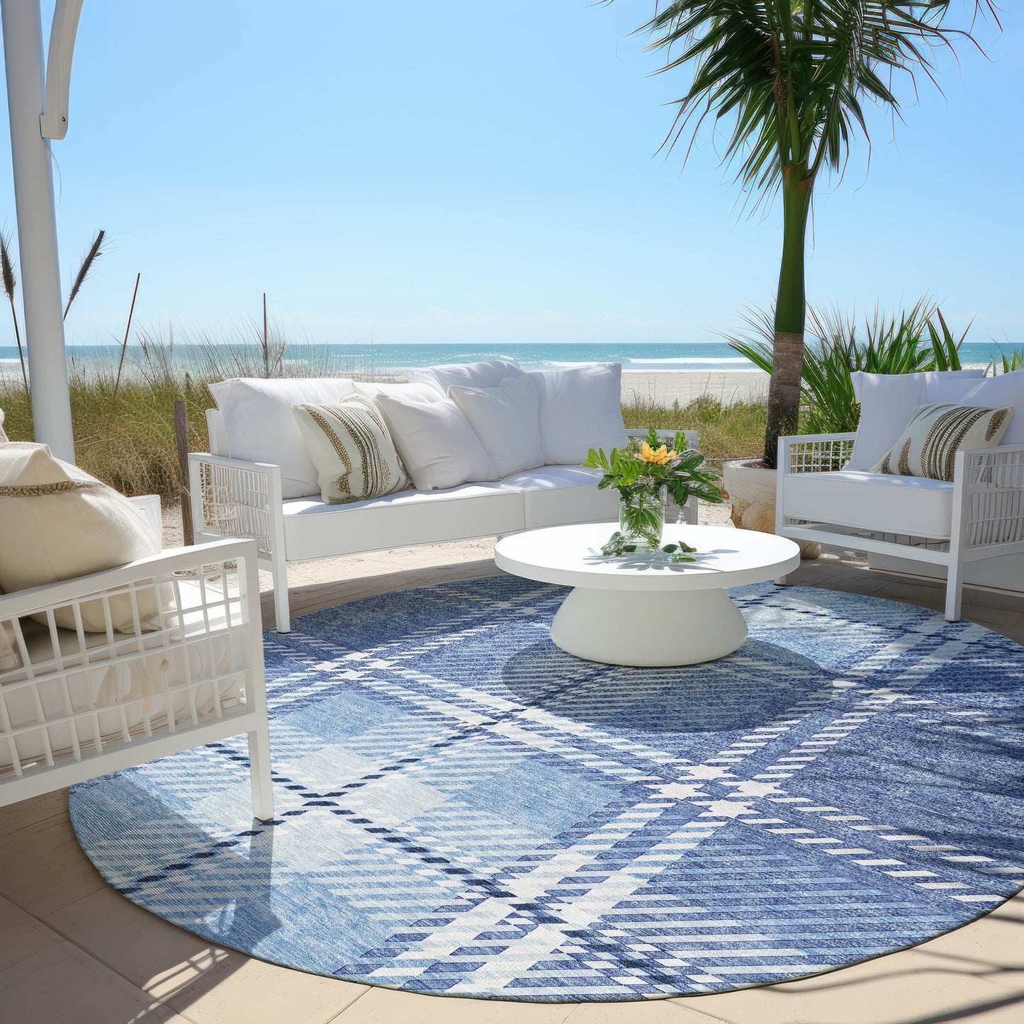 Spiral Whispers Blue Washable Indoor-Outdoor Rug