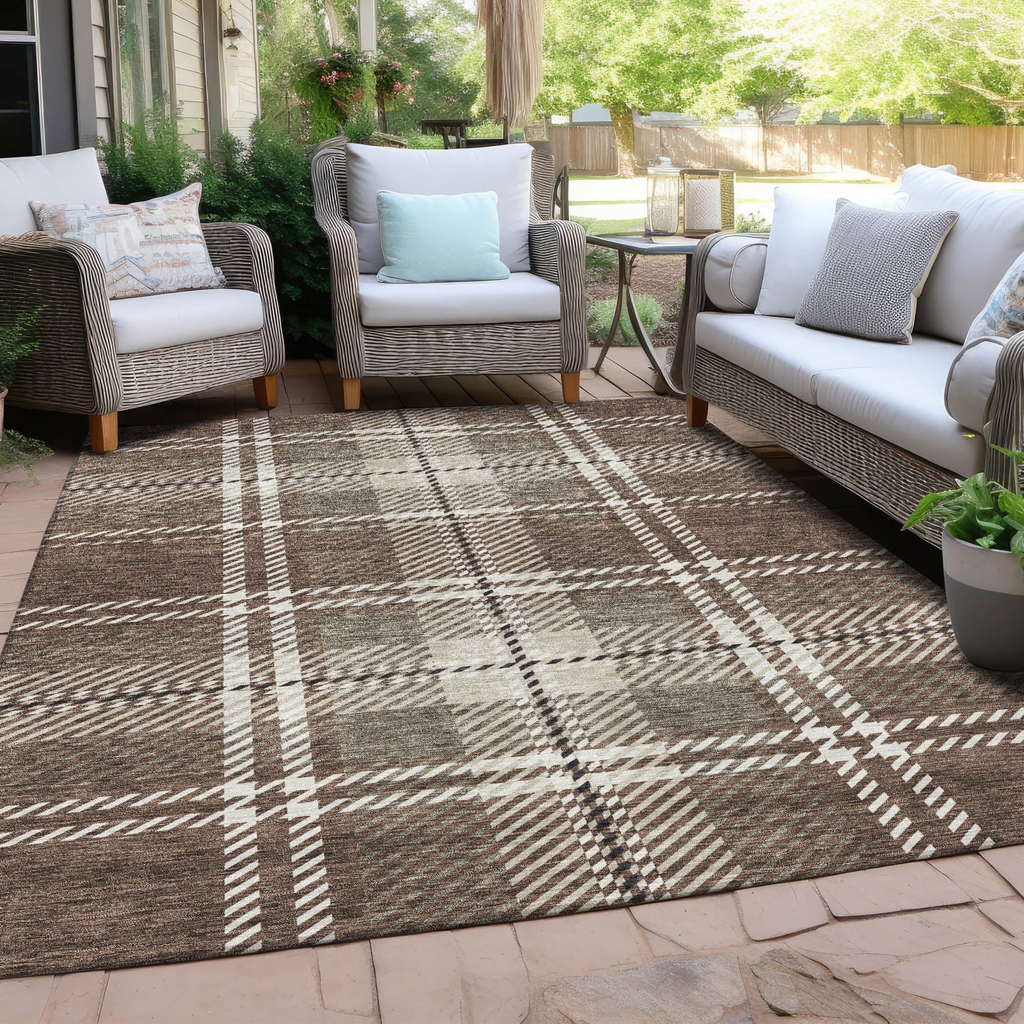 Spiral Whispers Brown Washable Indoor-Outdoor Rug