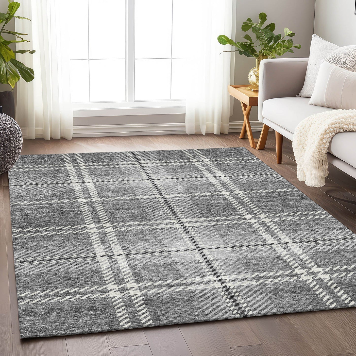Spiral Whispers Grey Washable Indoor-Outdoor Rug