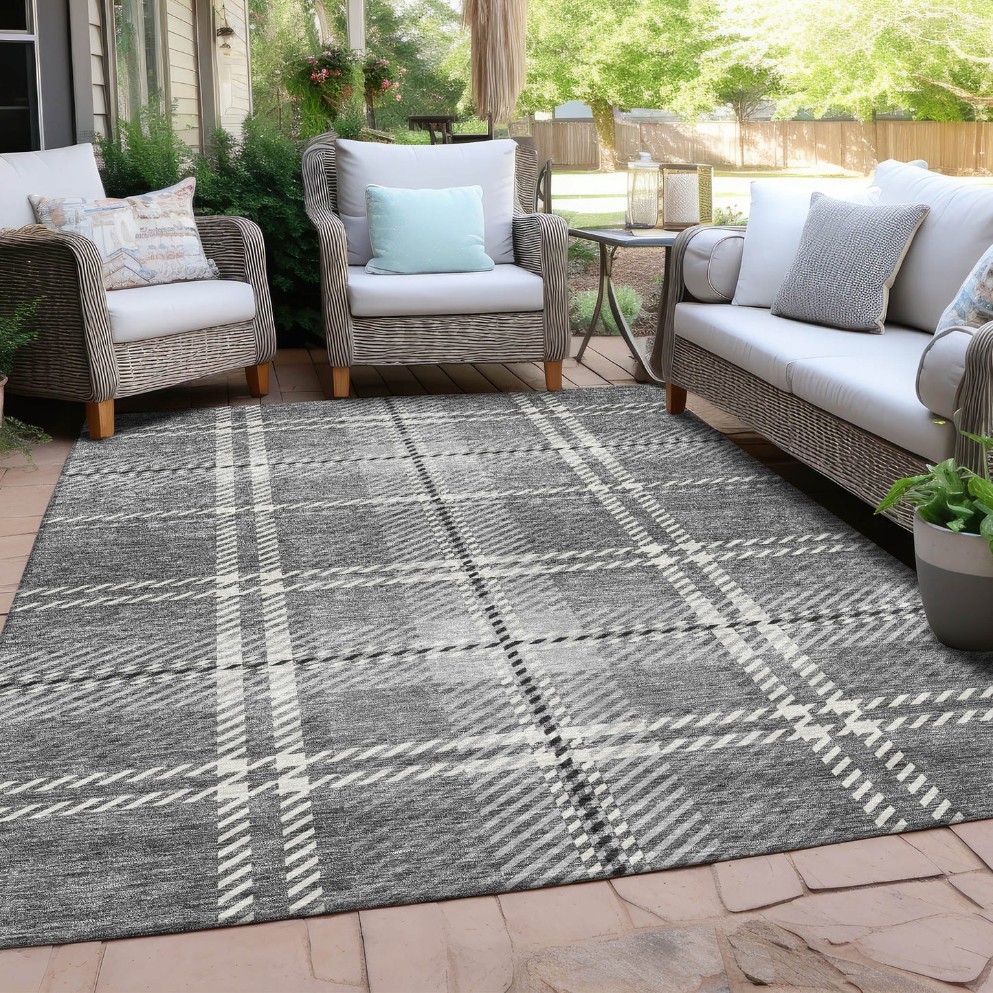 Spiral Whispers Grey Washable Indoor-Outdoor Rug