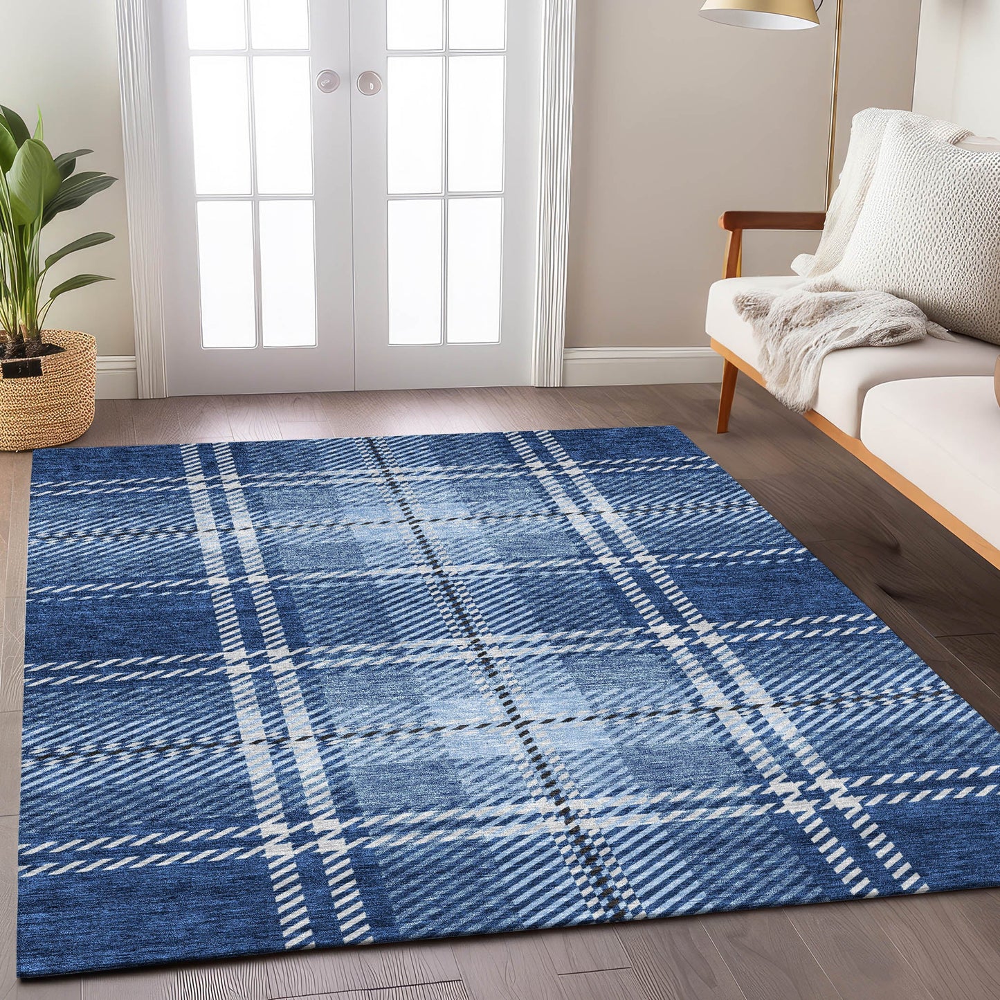 Spiral Whispers Navy Washable Indoor-Outdoor Rug