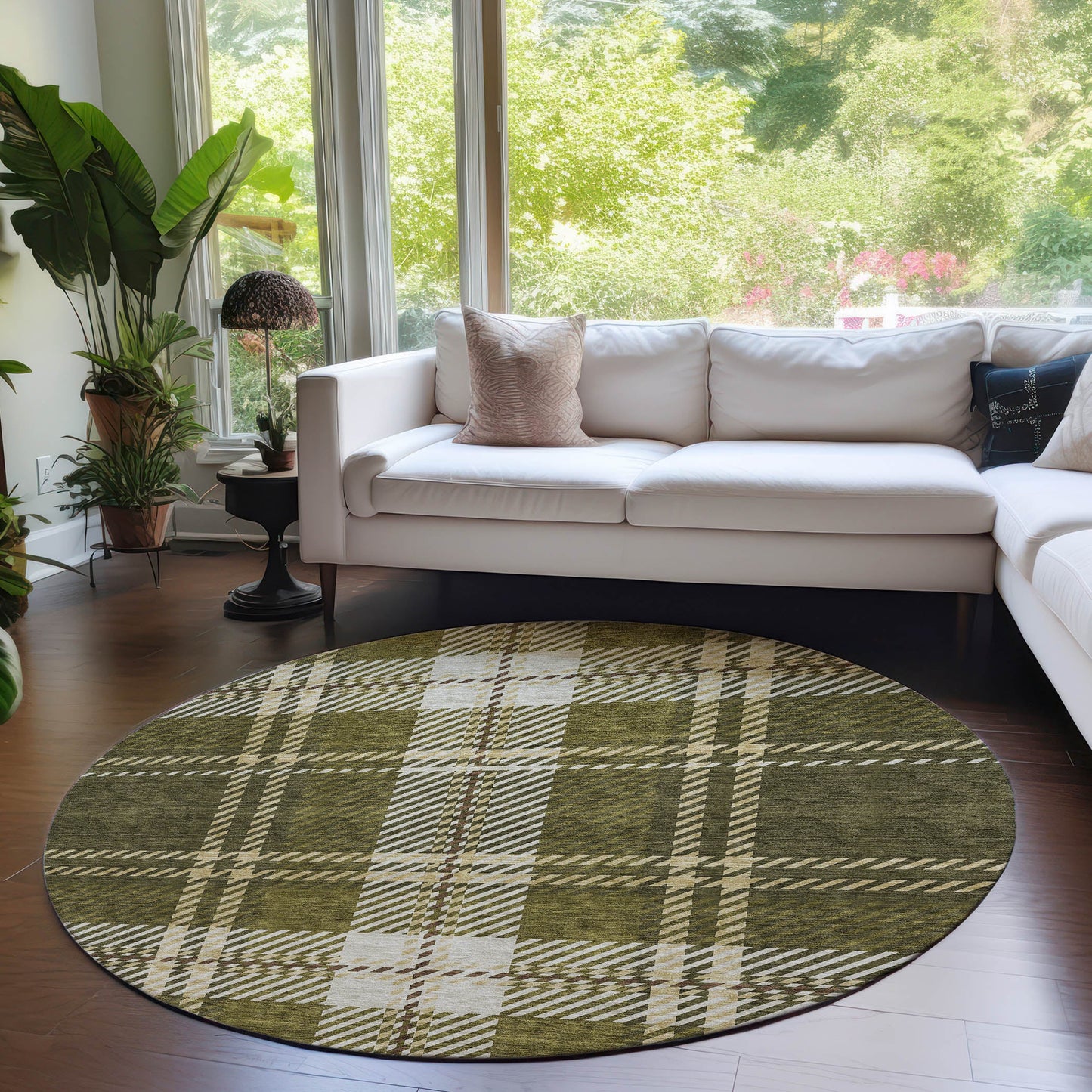 Spiral Whispers Olive Washable Indoor-Outdoor Rug