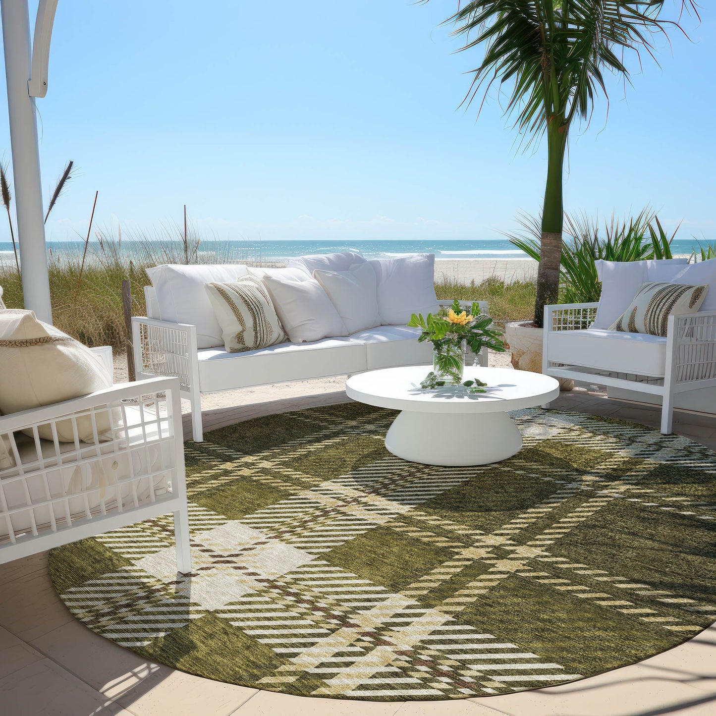 Spiral Whispers Olive Washable Indoor-Outdoor Rug