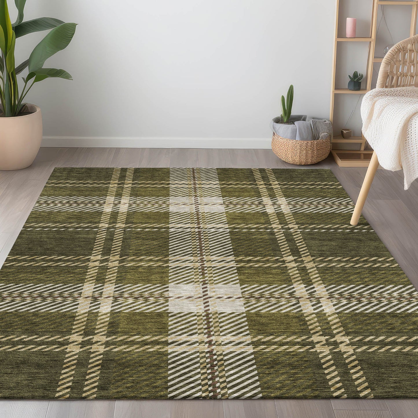 Spiral Whispers Olive Washable Indoor-Outdoor Rug