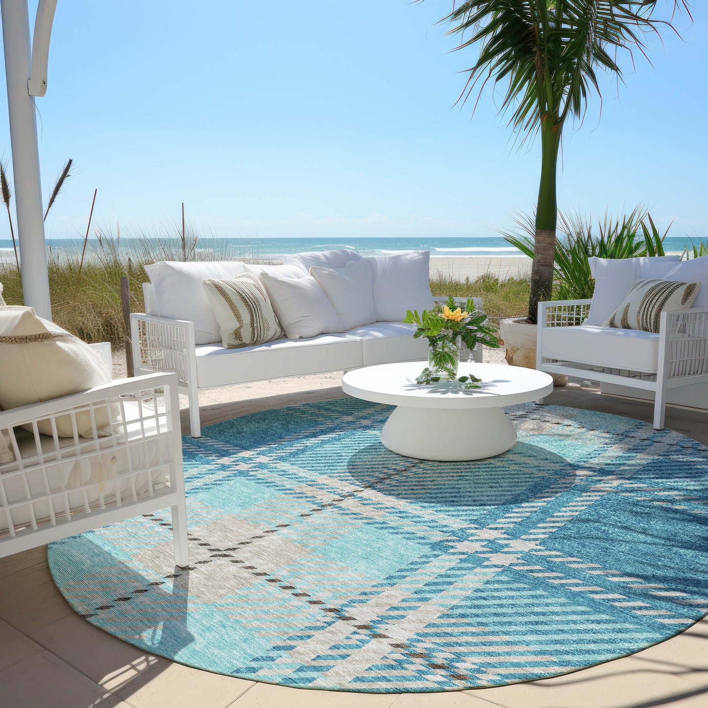Addison Rugs Spiral Whispers Teal Indoor-Outdoor Rug with Matching Throw