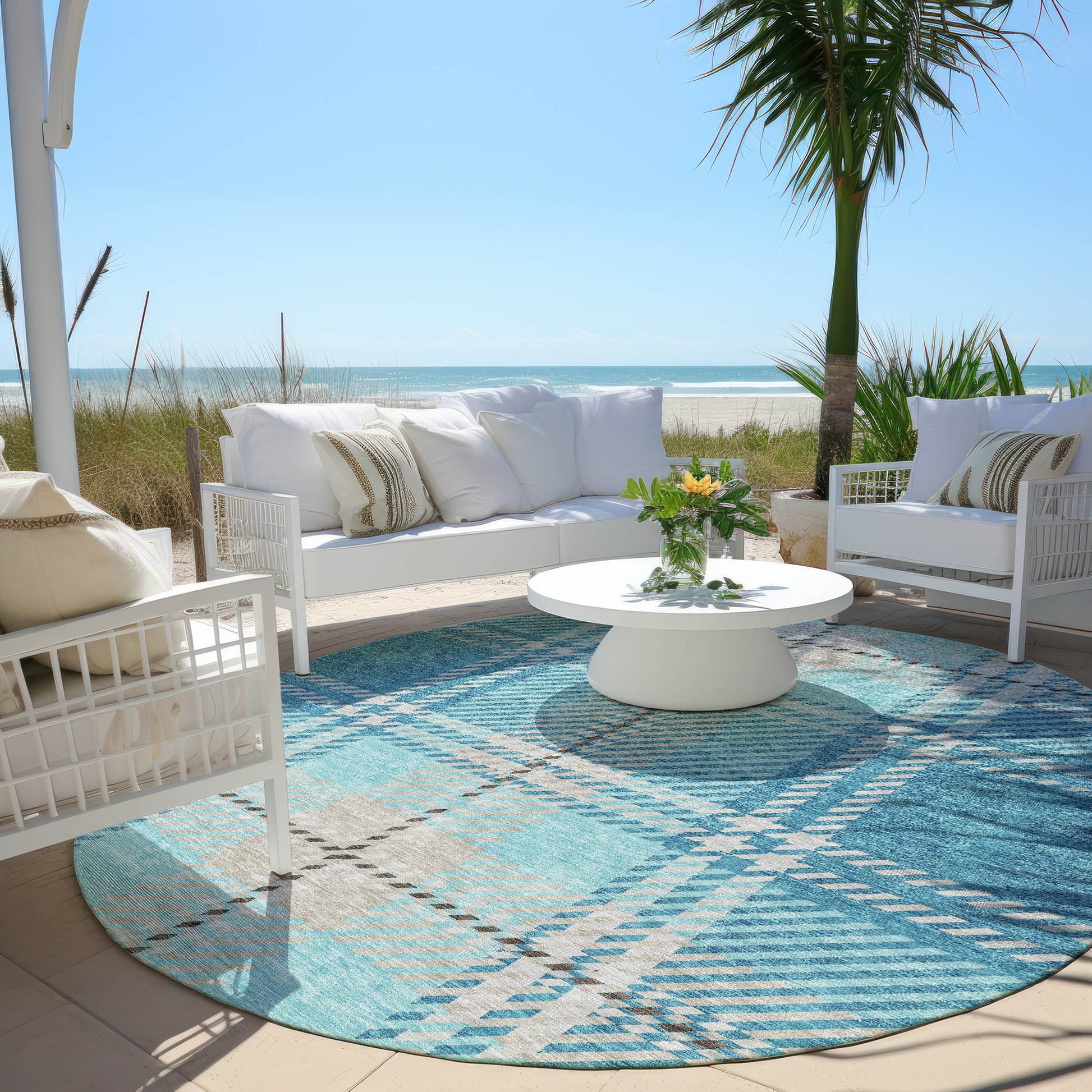 Addison Rugs Spiral Whispers Teal Indoor-Outdoor Rug with Matching Throw