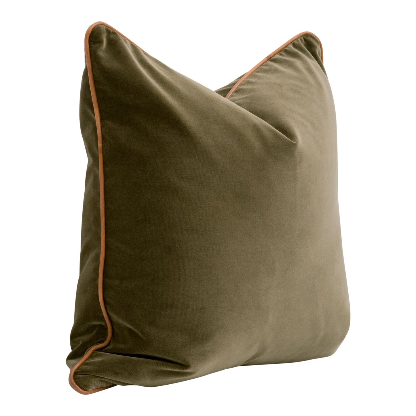 Olive Velvet Throw Pillow Set Leather Piping Accent