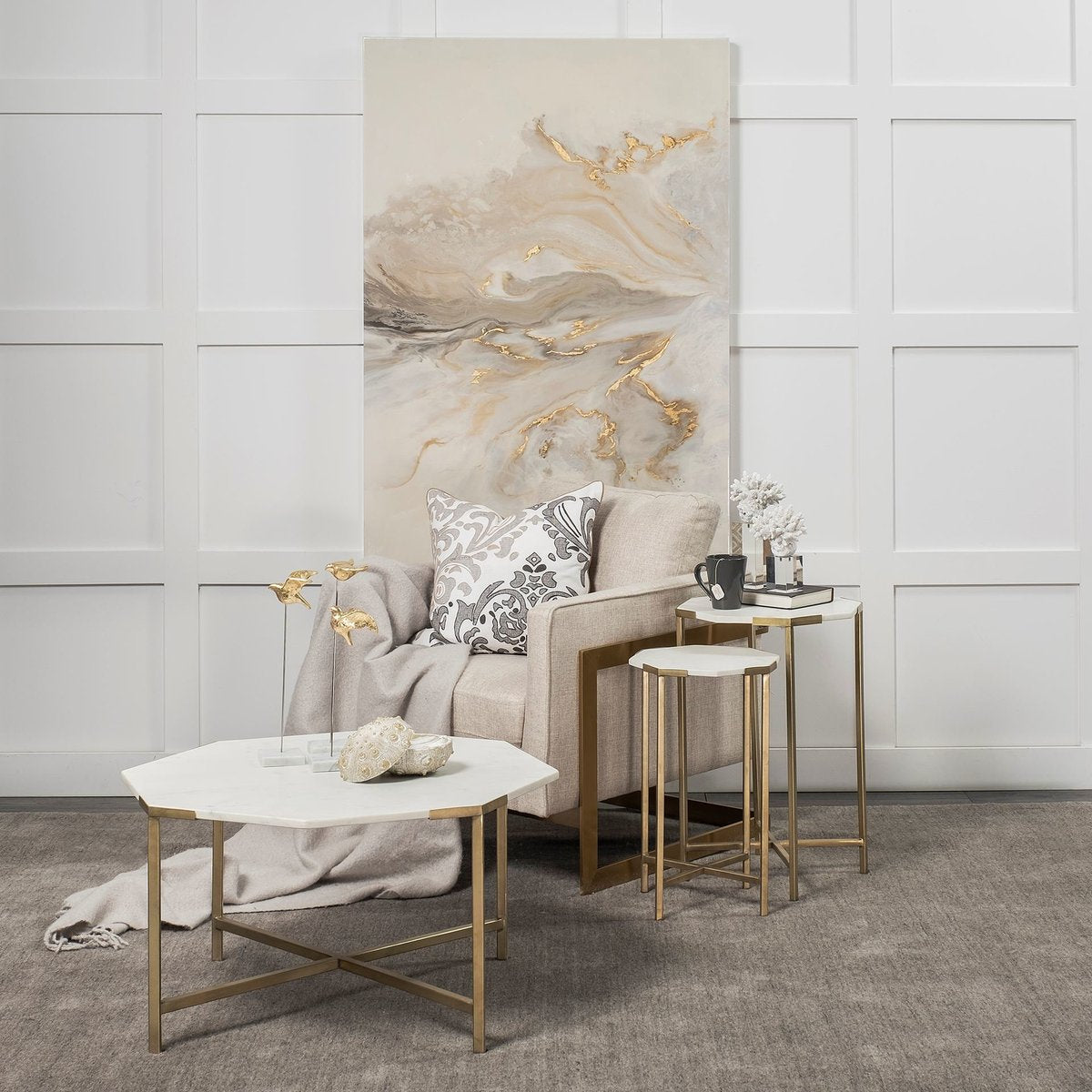 Mercana Vincent White Marble Top Octagonal Coffee Table
