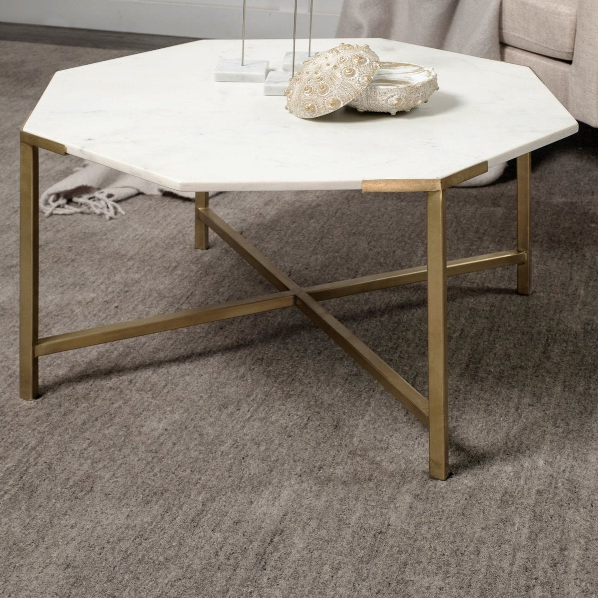 Mercana Vincent White Marble Top Octagonal Coffee Table
