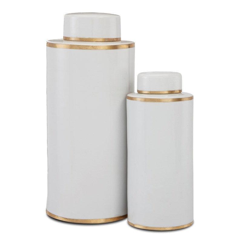 White Antique Brass Ivory Tea Canister Set of 2 Vases & Jars Sideboards and Things By Currey & Co