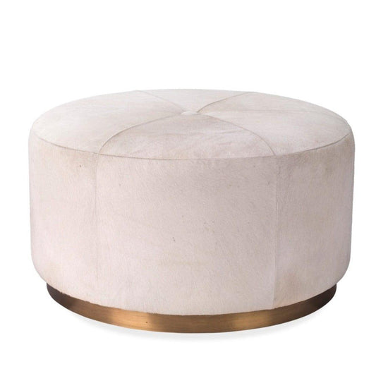 White Hide & Gold Accents Large Thackeray Round Pouf Poufs and Stools Sideboards and Things By Jamie Young