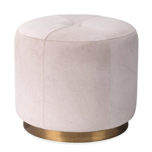 White Hide & Gold Accents Small Thackeray Round Pouf Poufs and Stools Sideboards and Things By Jamie Young