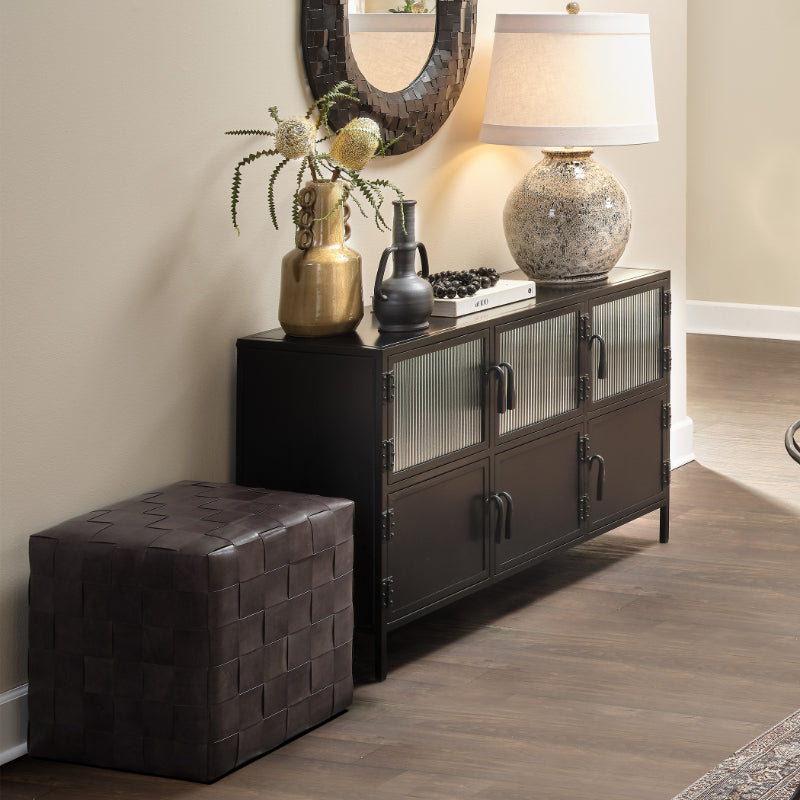 Woven Leather Ottoman Dark Grey-Ottomans-Jamie Young-Sideboards and Things