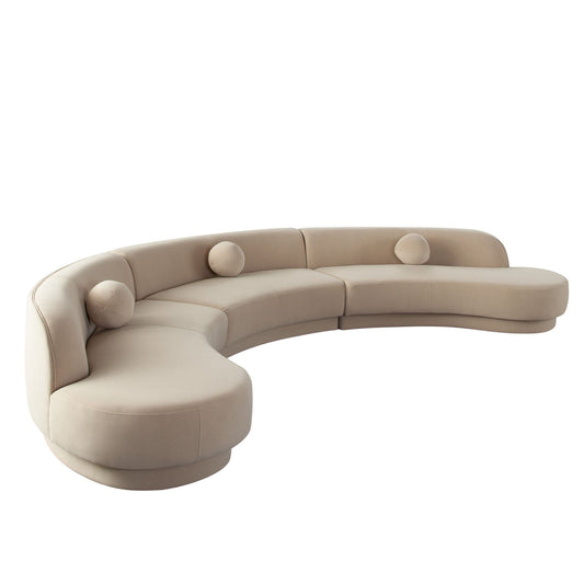 Zelda Light Camel Performance Velvet 3PC Modular Curved Armless Sofa and 2 Chaise With 3 Accent Pillow Balls