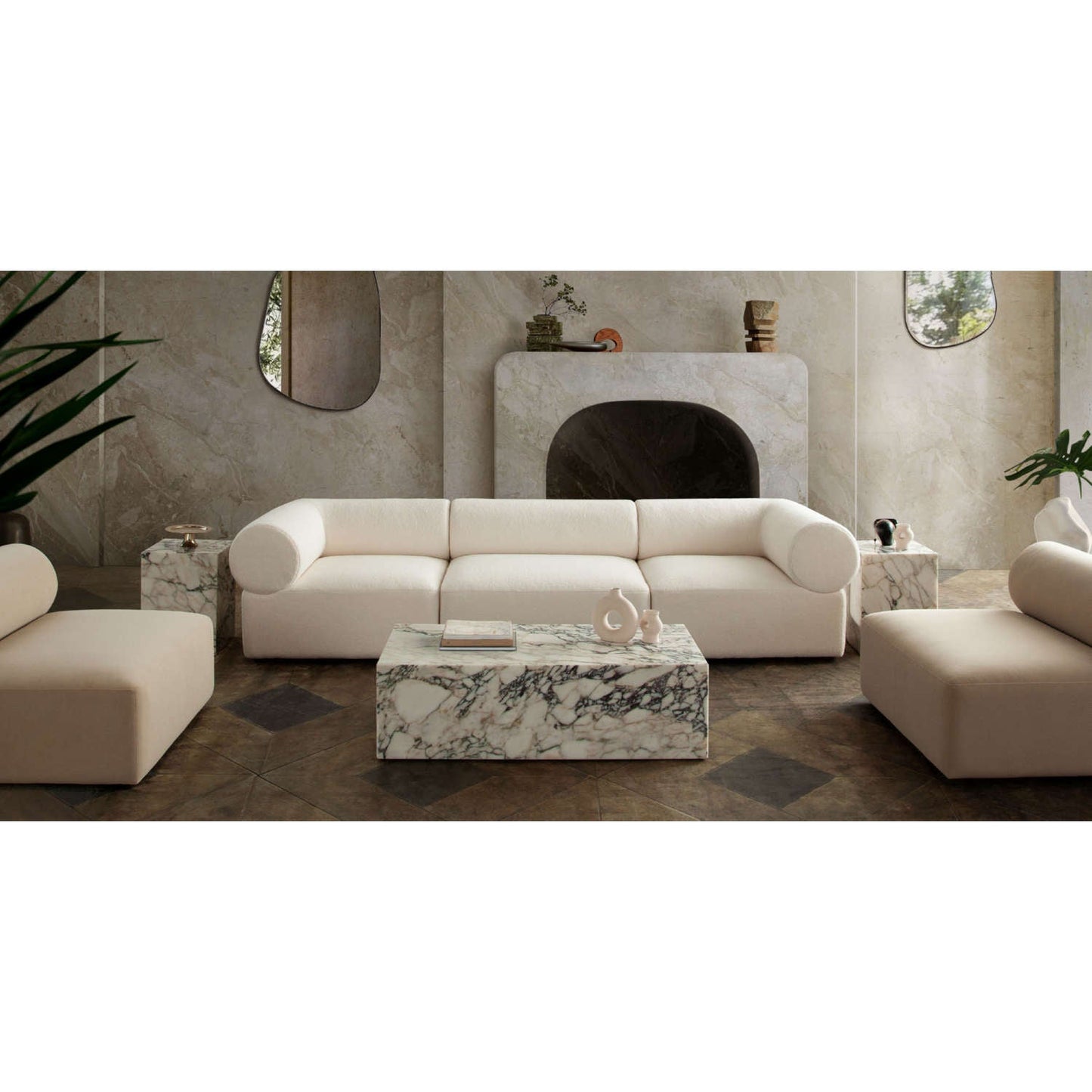 Zia 3PC Modular Sofa in Ivory Sherpa Fabric