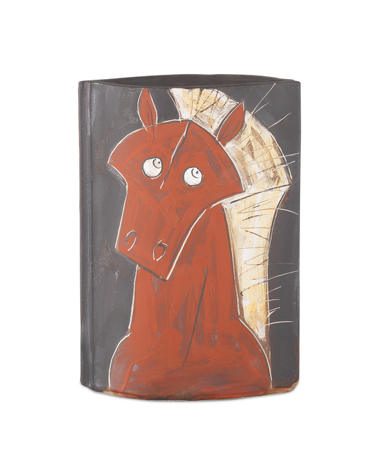 14 in. Artistic Horse Porcelain Red Vase