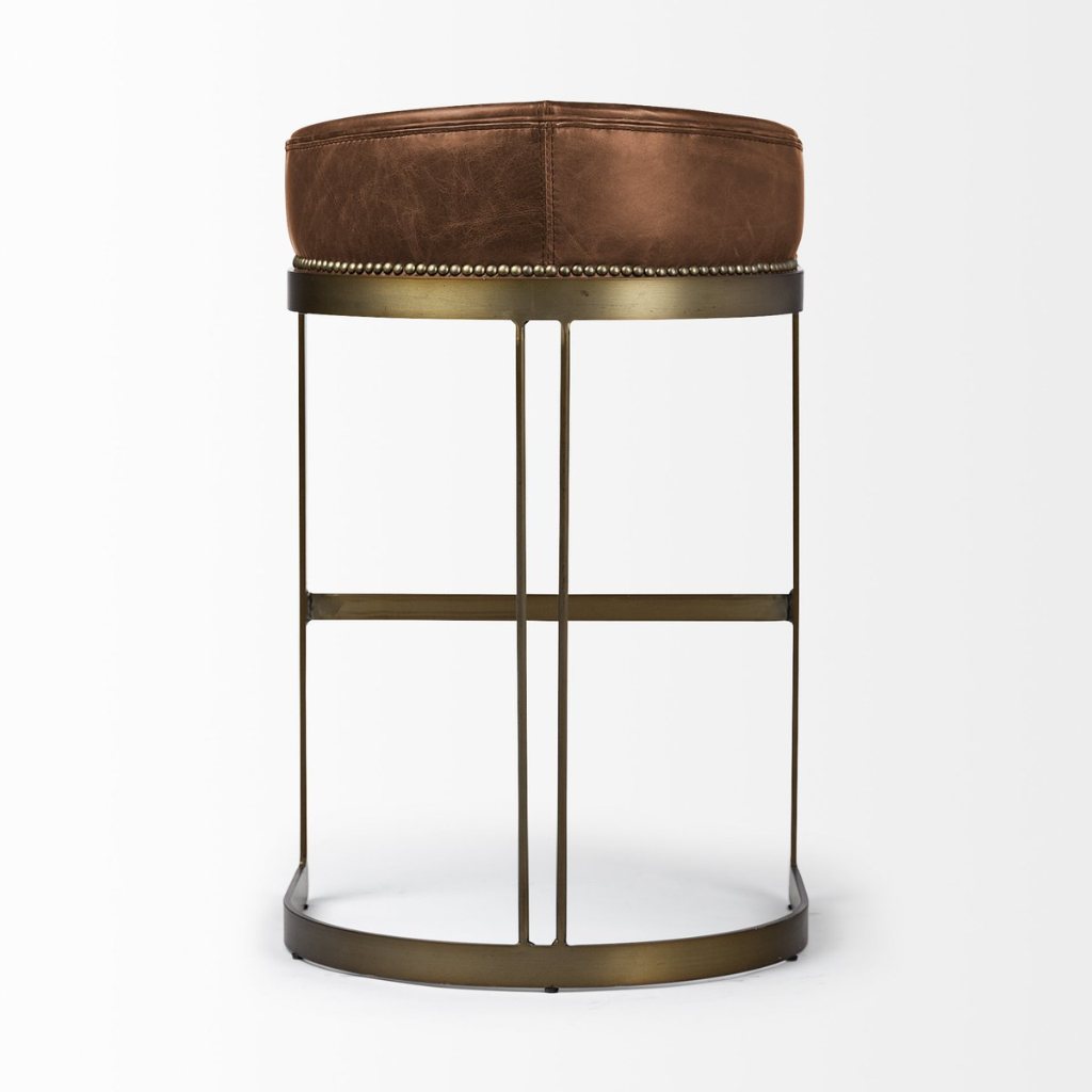Hollyfield Brown Leather Seat Antiqued Gold Metal Frame Bar -- Brown