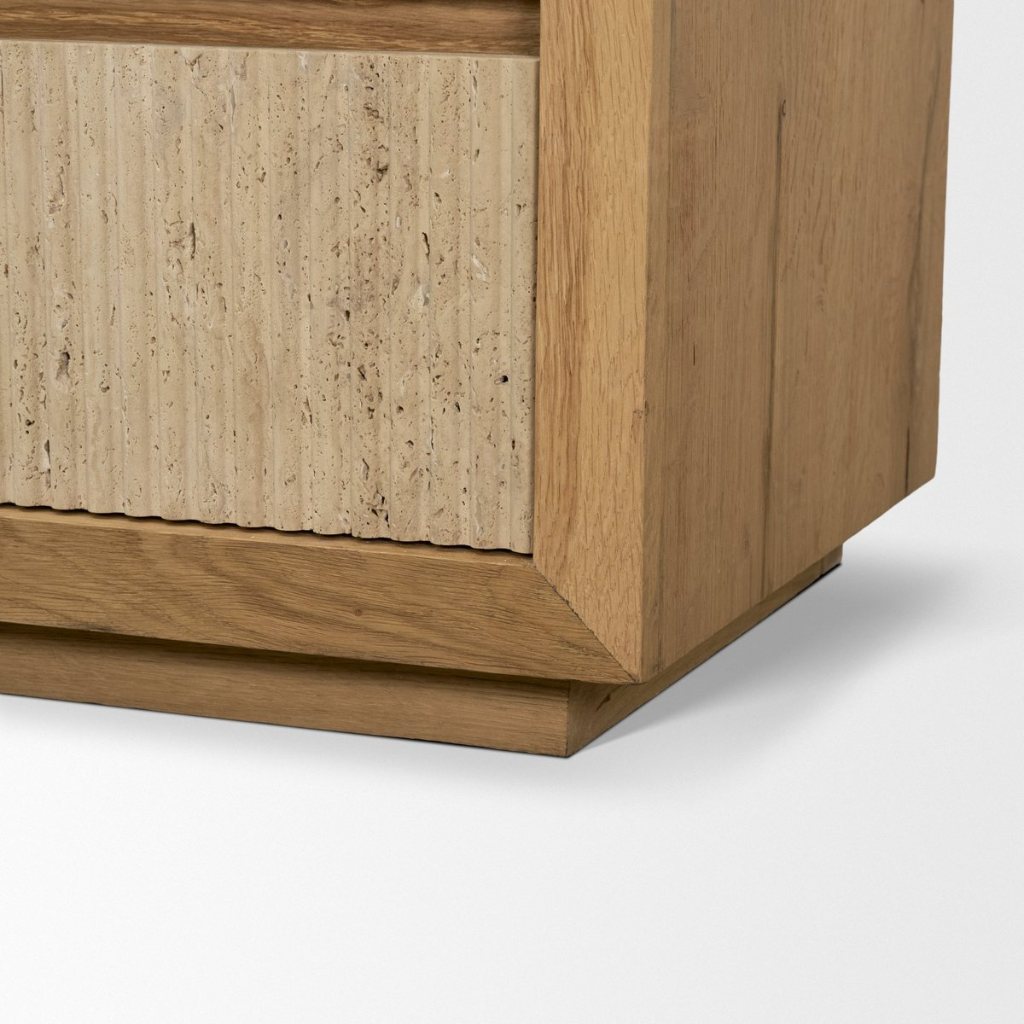 Travona 59"W Oak Wood & Travertine 6-Drawer Dresser -- Light Brown