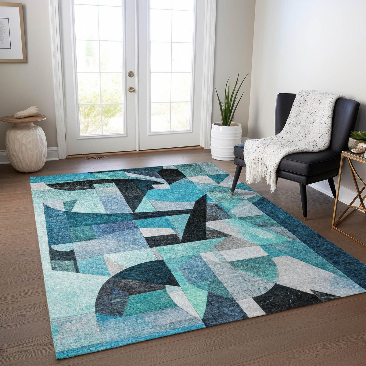 Jaelira Teal Washable Indoor-Outdoor Rug -- teal