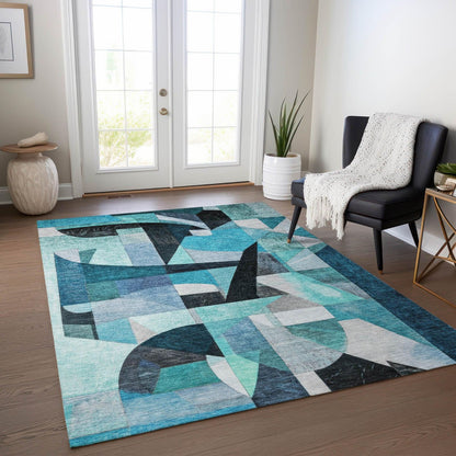Jaelira Teal Washable Indoor-Outdoor Rug -- teal