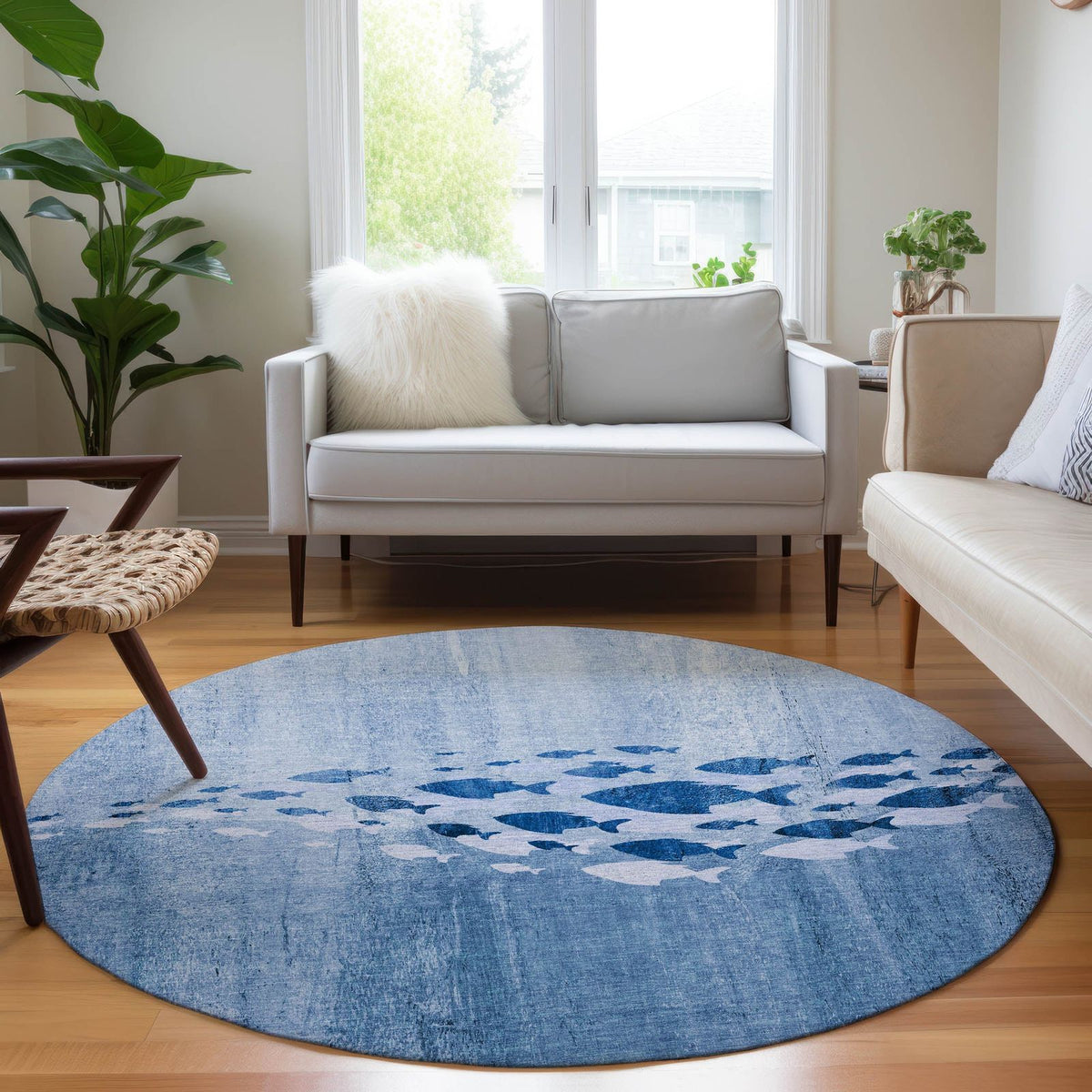 Nautical Blue Washable Indoor-Outdoor Rug -- blue