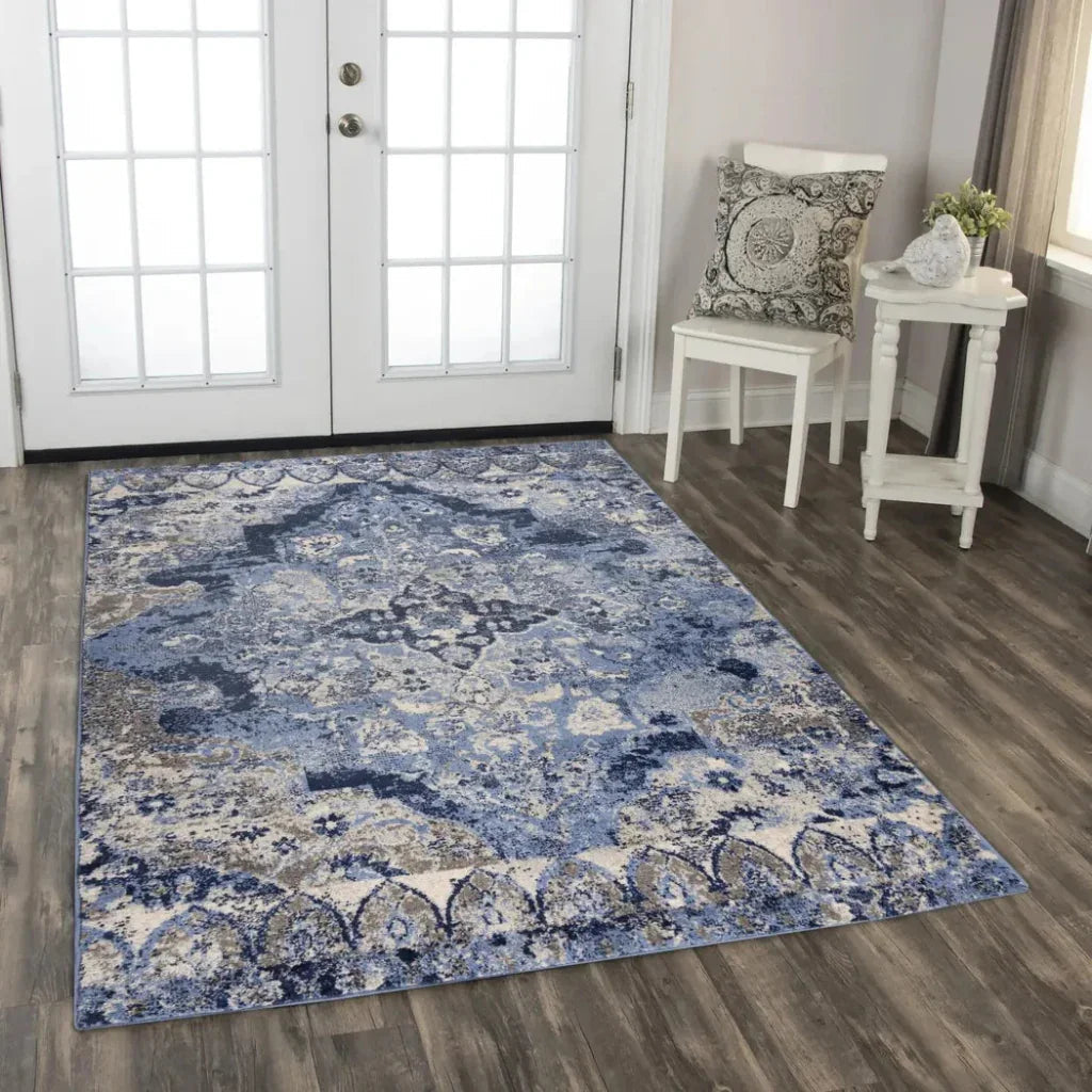 Dana Medallion Blue Kitchen Hallway Runner Rug -- blue