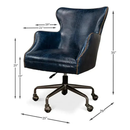 Andrew Jackson Swivel Blue Leather Desk Chair Chateau - LOOMLAN - Sarreid - Office Chairs