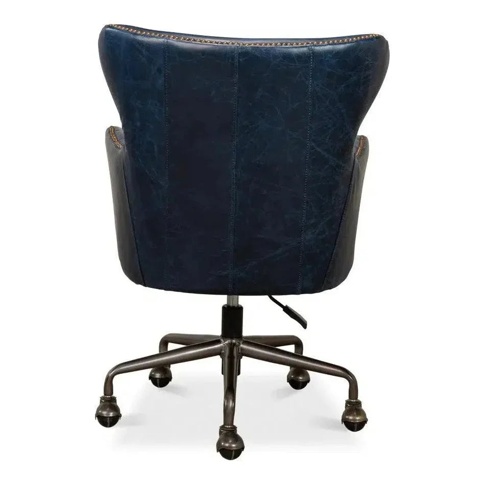 Andrew Jackson Swivel Blue Leather Desk Chair Chateau - LOOMLAN - Sarreid - Office Chairs