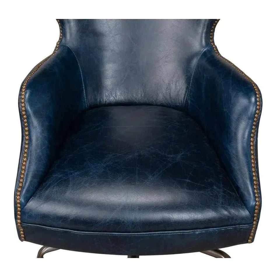 Andrew Jackson Swivel Blue Leather Desk Chair Chateau - LOOMLAN - Sarreid - Office Chairs