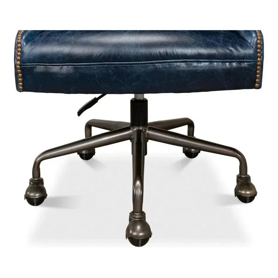 Andrew Jackson Swivel Blue Leather Desk Chair Chateau - LOOMLAN - Sarreid - Office Chairs