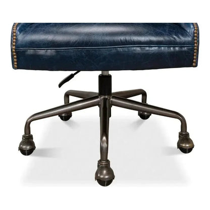 Andrew Jackson Swivel Blue Leather Desk Chair Chateau - LOOMLAN - Sarreid - Office Chairs